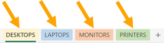 Arrows pointing to all hardware tabs in the pricing sheet.